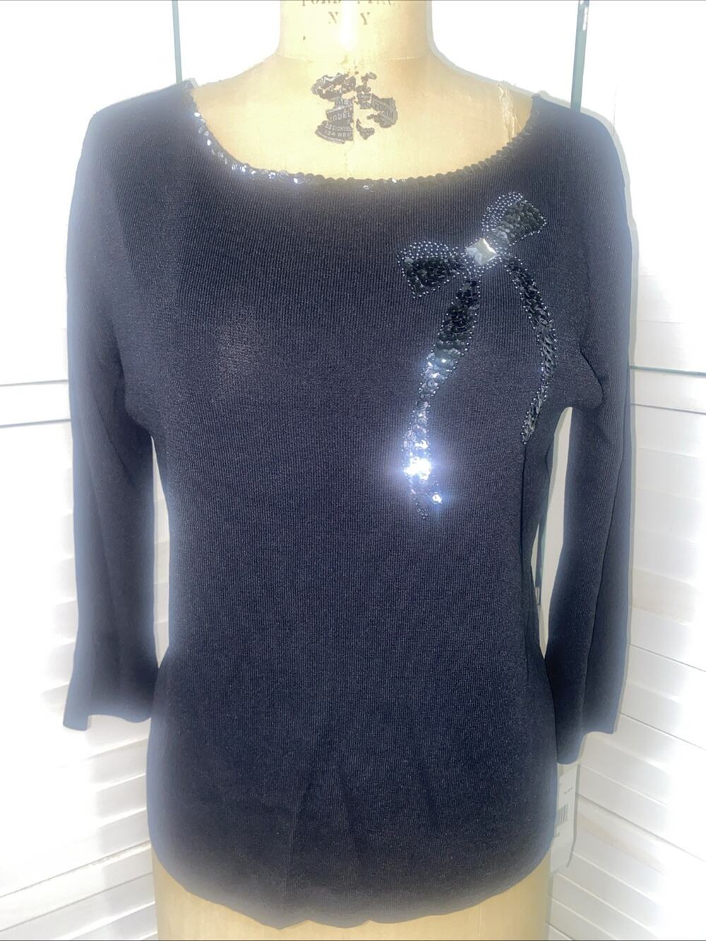 NWT New Kikit Maurice Black Sweater Sequins Beads Rhinestones Top Size Large